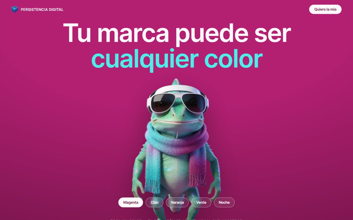 Camaleón con gafas VR sobre fondo magenta, héroe de la landing con personaje