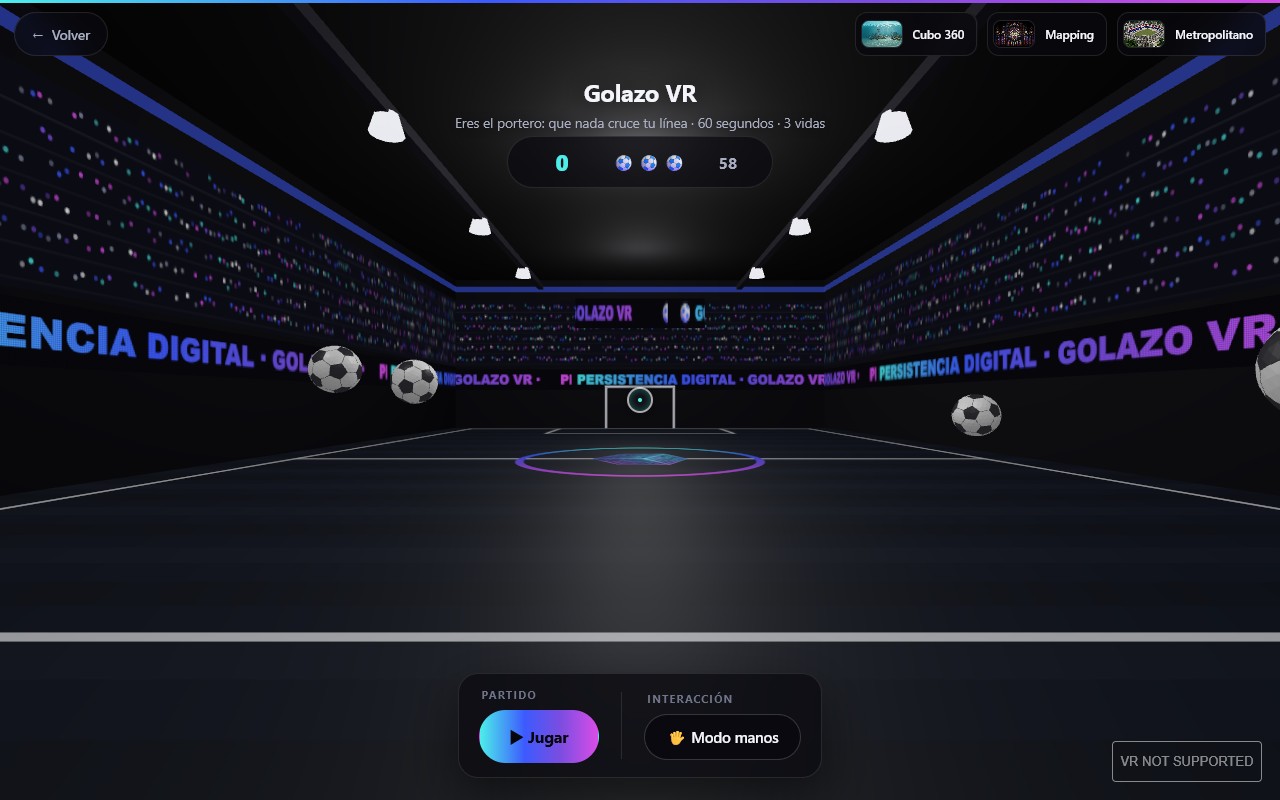 Balones volando hacia el jugador en la arena cósmica de Golazo VR