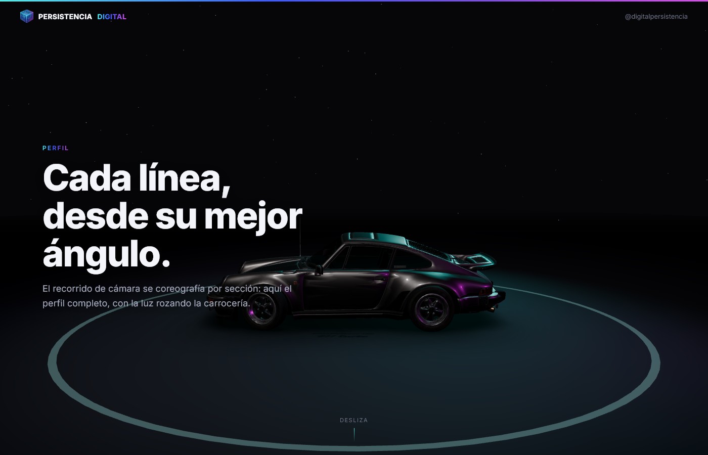Porsche clásico en 3D sobre el anillo de marca de la landing Producto 360