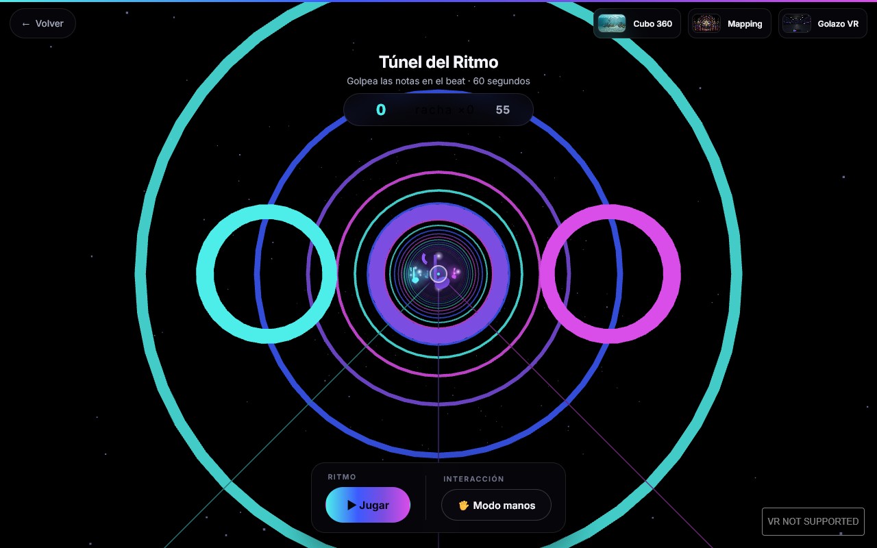 Túnel infinito de anillos de neón con las notas del juego de ritmo acercándose